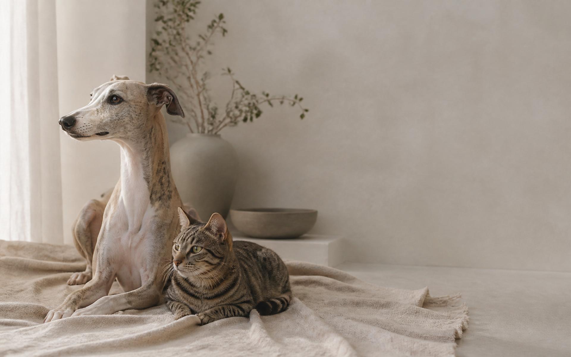 A whippet and a tabby cat resting together on a linen throw in a minimal, sunlit room